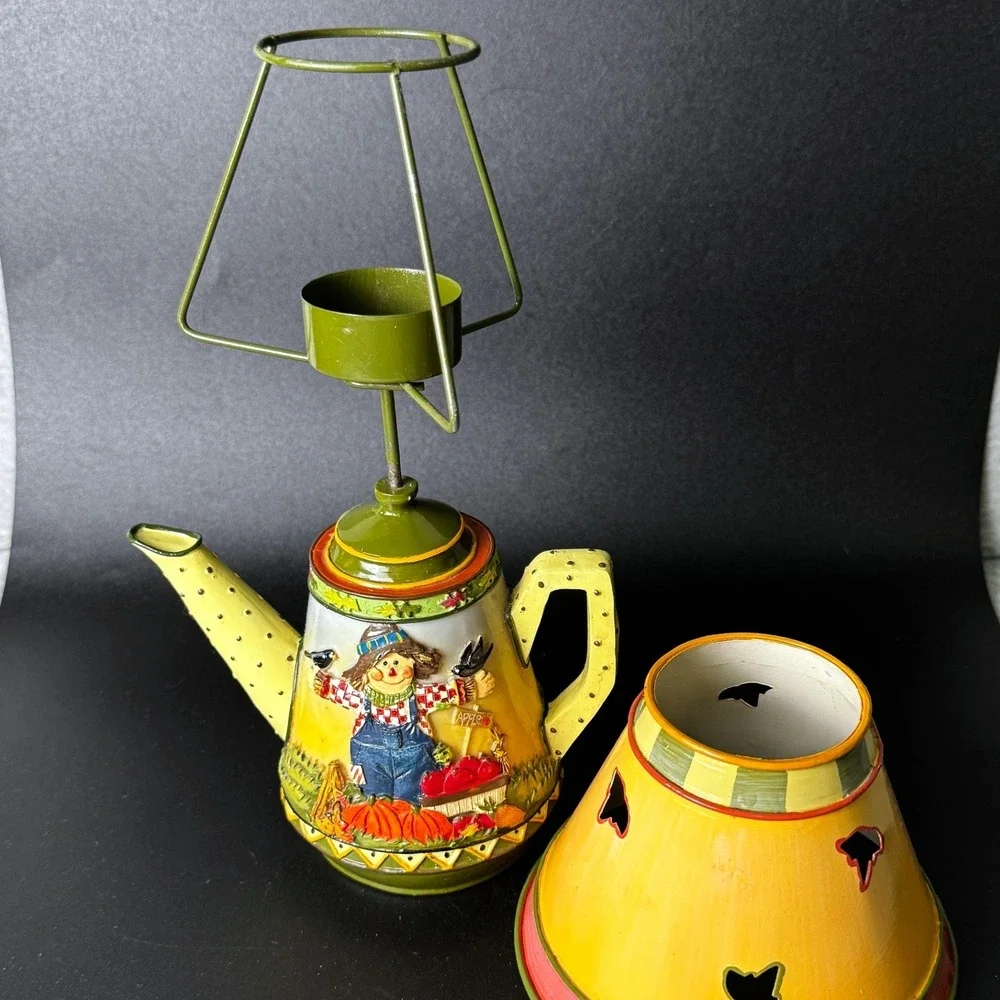 Vintage Harvest Scarecrow Teapot Tealight Candle Holder Ceramic Fall Decor Shade